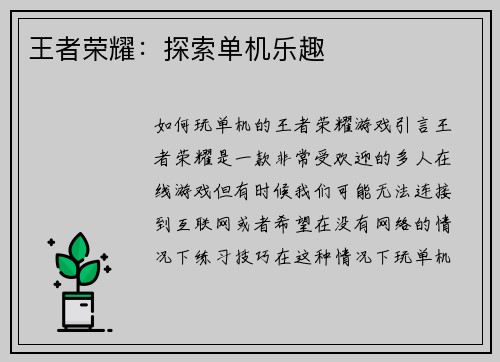 王者荣耀：探索单机乐趣